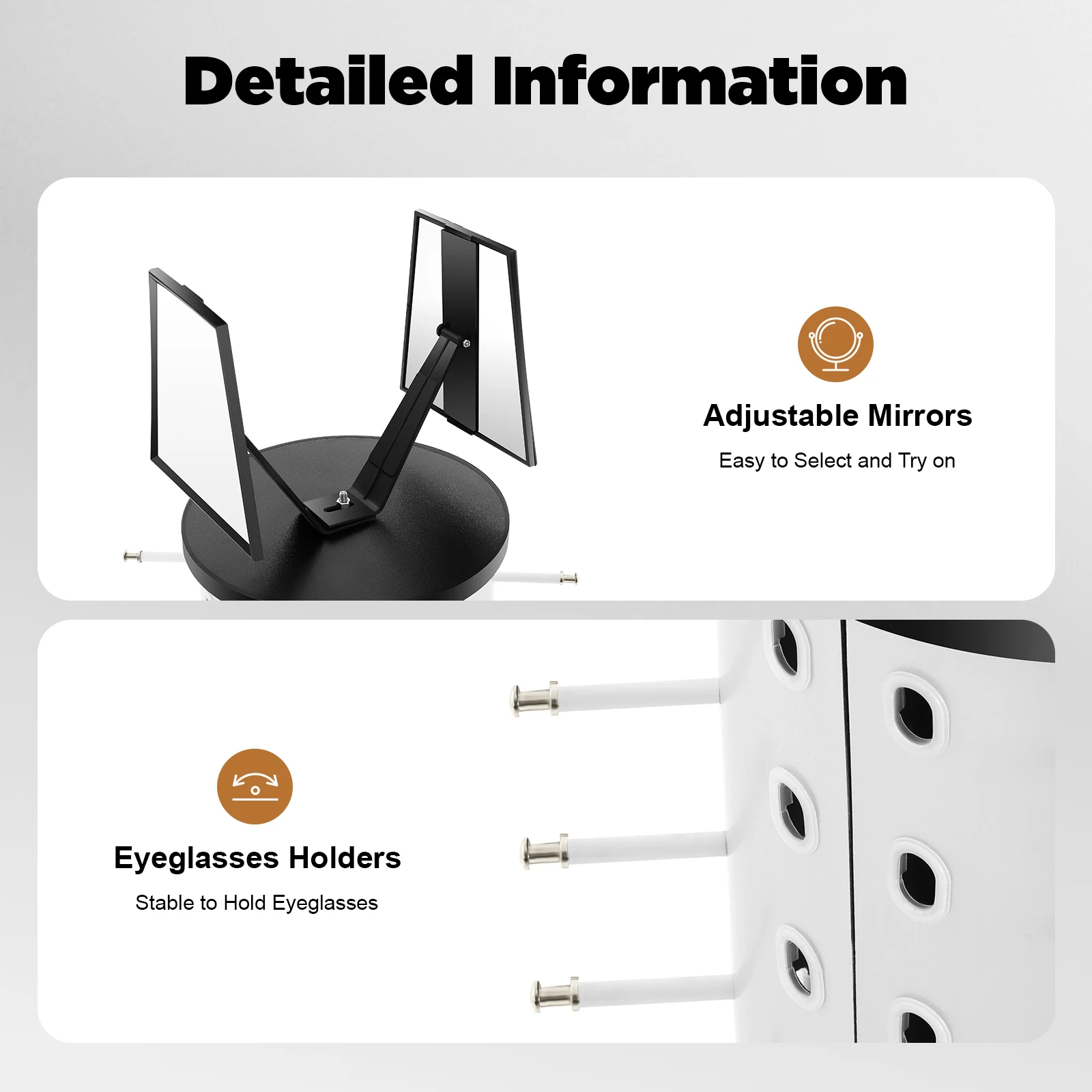 360° Rotating Eyeglasses Display Stand for 44 Glasses, Aluminum- Plastic Panel Optical Store Rack with Mirrors for Display