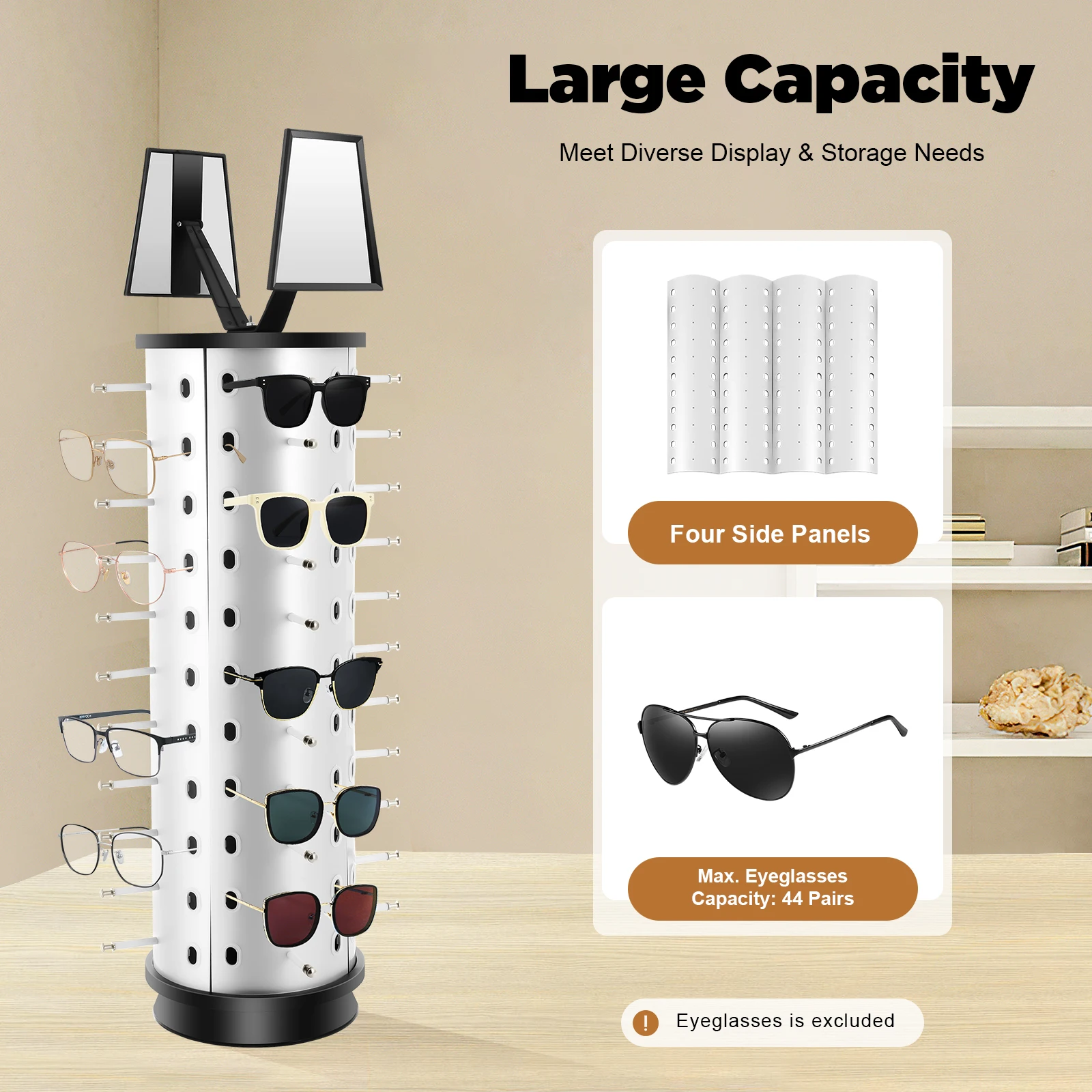 360° Rotating Eyeglasses Display Stand for 44 Glasses, Aluminum- Plastic Panel Optical Store Rack with Mirrors for Display