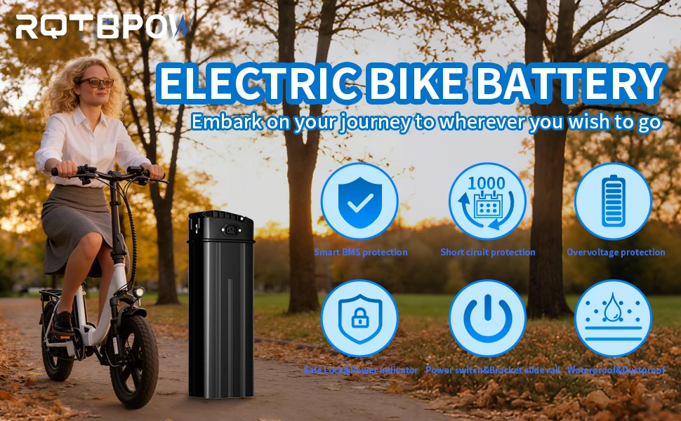 RQTBPOW 48V E-bike Battery, 12Ah/15Ah/20Ah/25Ah E-bike Battery with 3A Charge/Safe Lock/Indicator Light for 0-1200W Electric Bike/Folding Bike/Mountain Bike