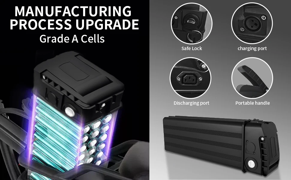 RQTBPOW 48V E-bike Battery, 12Ah/15Ah/20Ah/25Ah E-bike Battery with 3A Charge/Safe Lock/Indicator Light for 0-1200W Electric Bike/Folding Bike/Mountain Bike