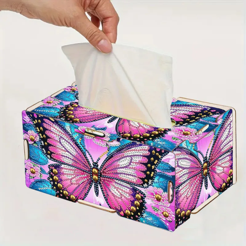 1 Piece Diamond Painting Set, Tissue Box, Butterfly Pattern, Wooden Material, Suitable for Living Room, Bedroom Desktop Placement