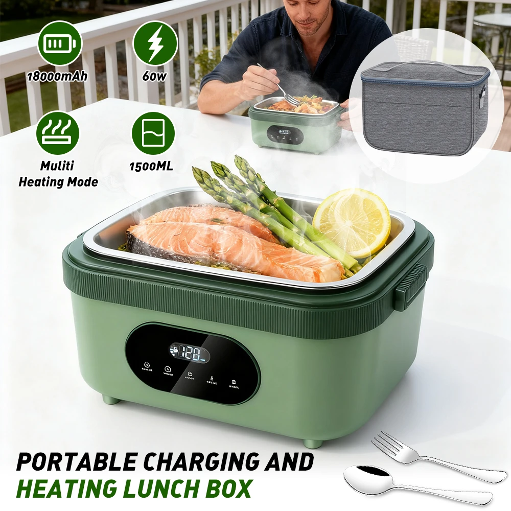 1.5L Cordless Electric Heated Lunch Box 18000mAh Rechargeable Battery 60W Food Warmer with Timer 304 Stainless Steel Container Portable Thermal Lunch Box For Work Travel Office