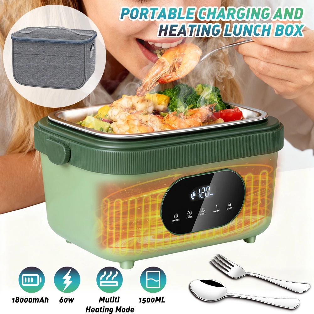 1.5L Cordless Electric Heated Lunch Box 18000mAh Rechargeable Battery 60W Food Warmer with Timer 304 Stainless Steel Container Portable Thermal Lunch Box For Work Travel Office