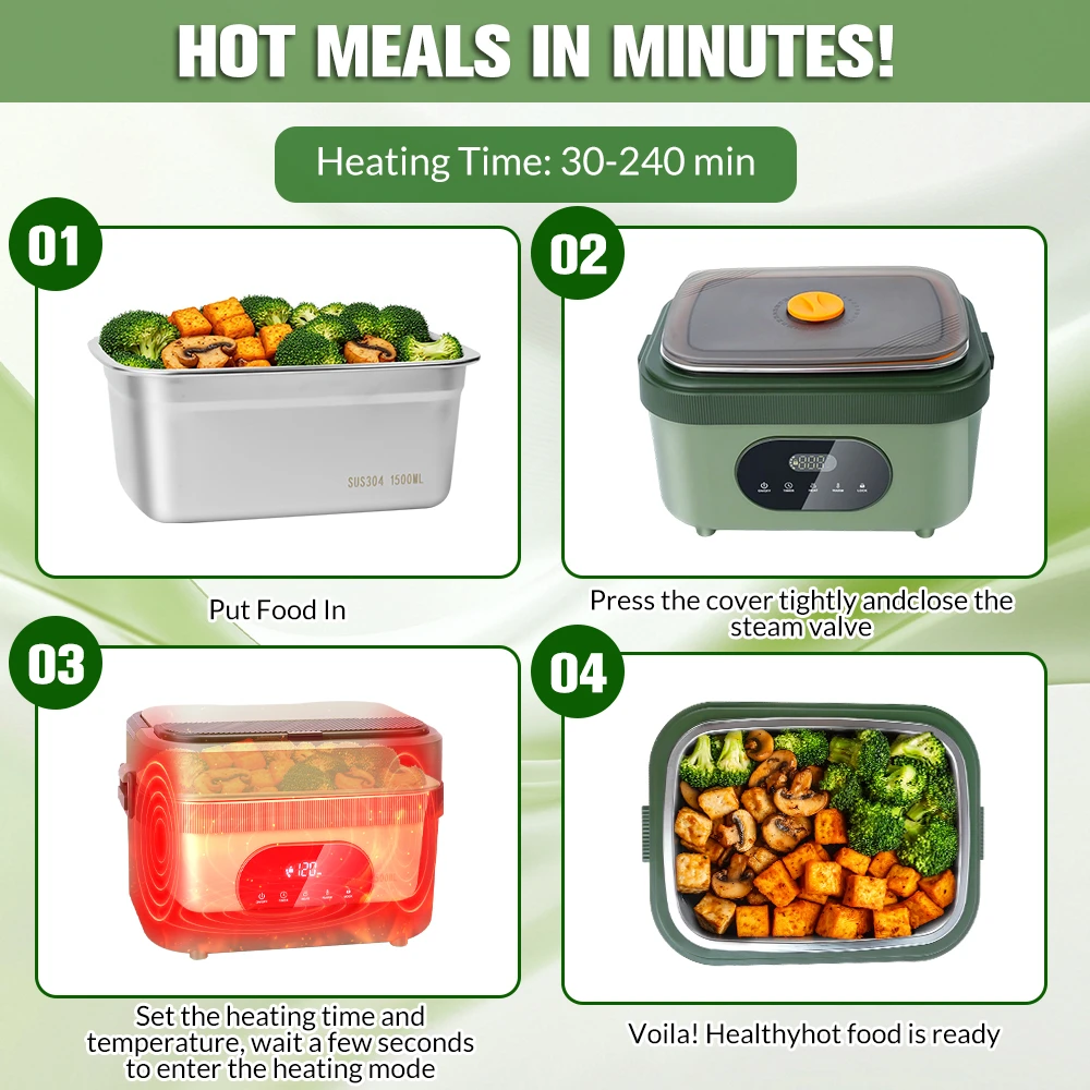 1.5L Cordless Electric Heated Lunch Box 18000mAh Rechargeable Battery 60W Food Warmer with Timer 304 Stainless Steel Container Portable Thermal Lunch Box For Work Travel Office