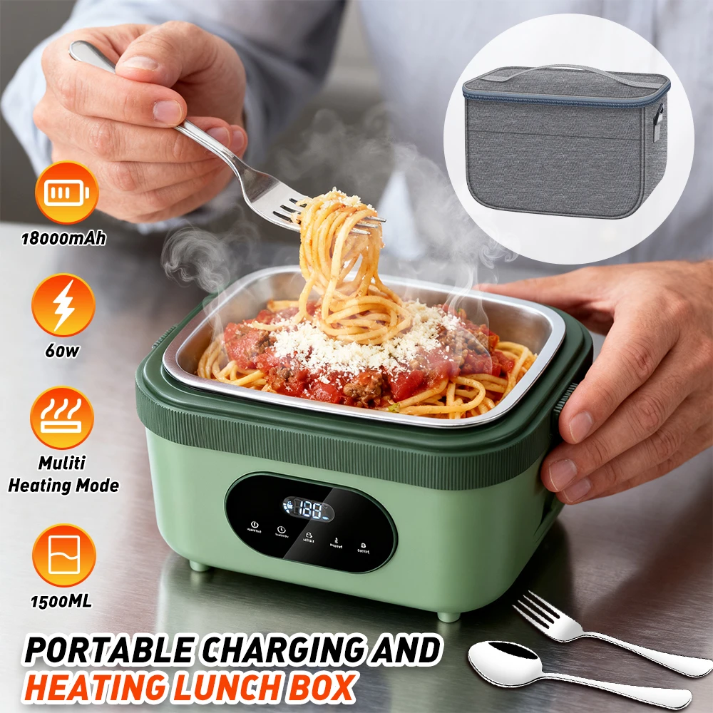1.5L Cordless Electric Heated Lunch Box 18000mAh Rechargeable Battery 60W Food Warmer with Timer 304 Stainless Steel Container Portable Thermal Lunch Box For Work Travel Office