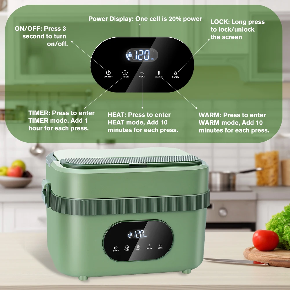 1.5L Cordless Electric Heated Lunch Box 18000mAh Rechargeable Battery 60W Food Warmer with Timer 304 Stainless Steel Container Portable Thermal Lunch Box For Work Travel Office