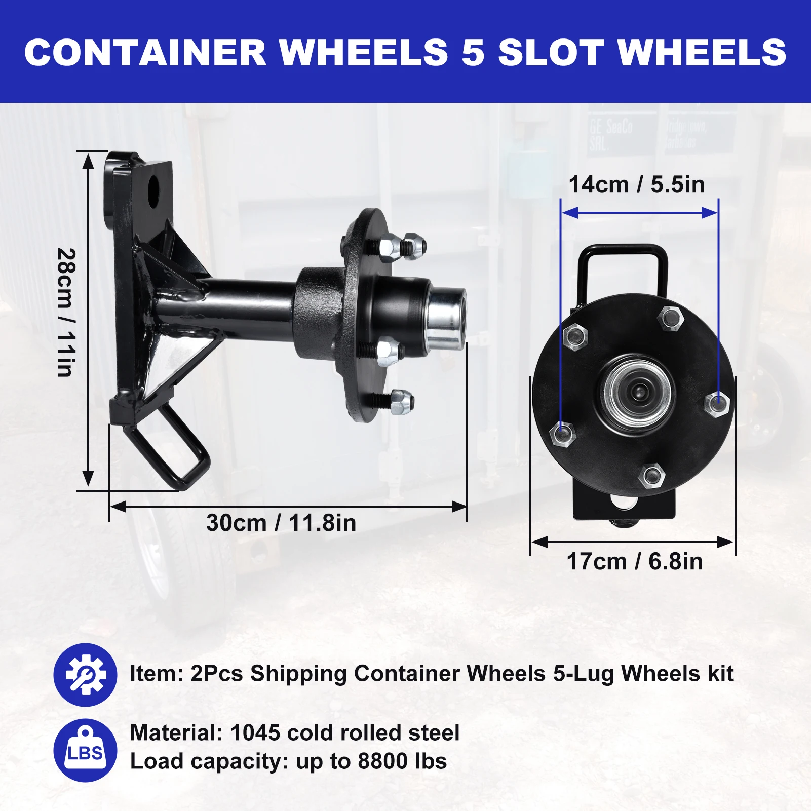 2 Pack Shipping Container Wheels Kit 5 X 5.5 Lug 8800LB Bolt On Wheels Fit for Shipping Container Hub and Spindle Kit