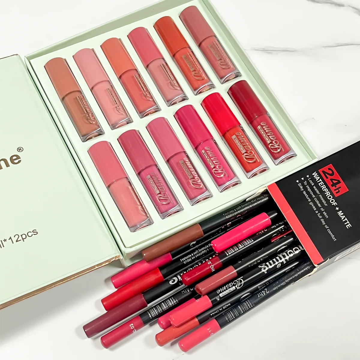 12 Colors Velvet Matte Liquid Lipstick Set with 12Pcs Matching Lip Liner Pencils, Long Lasting Waterproof Non-stick Cup Lip Makeup Kit Gift Box
