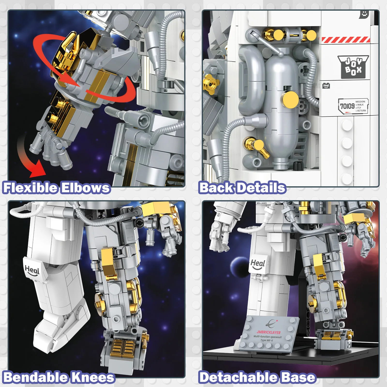 JMBricklayer 1008PCS Space Astronaut Building Blocks Set Spaceman Figure Model Kit with Display Stand Gold Visor Articulated Joints STEM Science Toy Space Exploration Home Office Decor Gift for Adults Teens Birthday
