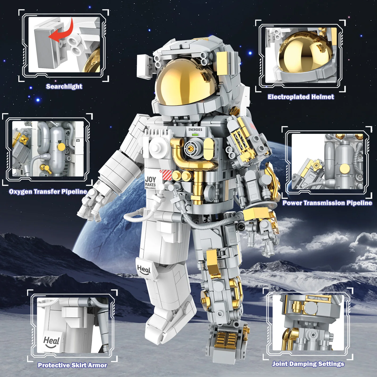 JMBricklayer 1008PCS Space Astronaut Building Blocks Set Spaceman Figure Model Kit with Display Stand Gold Visor Articulated Joints STEM Science Toy Space Exploration Home Office Decor Gift for Adults Teens Birthday