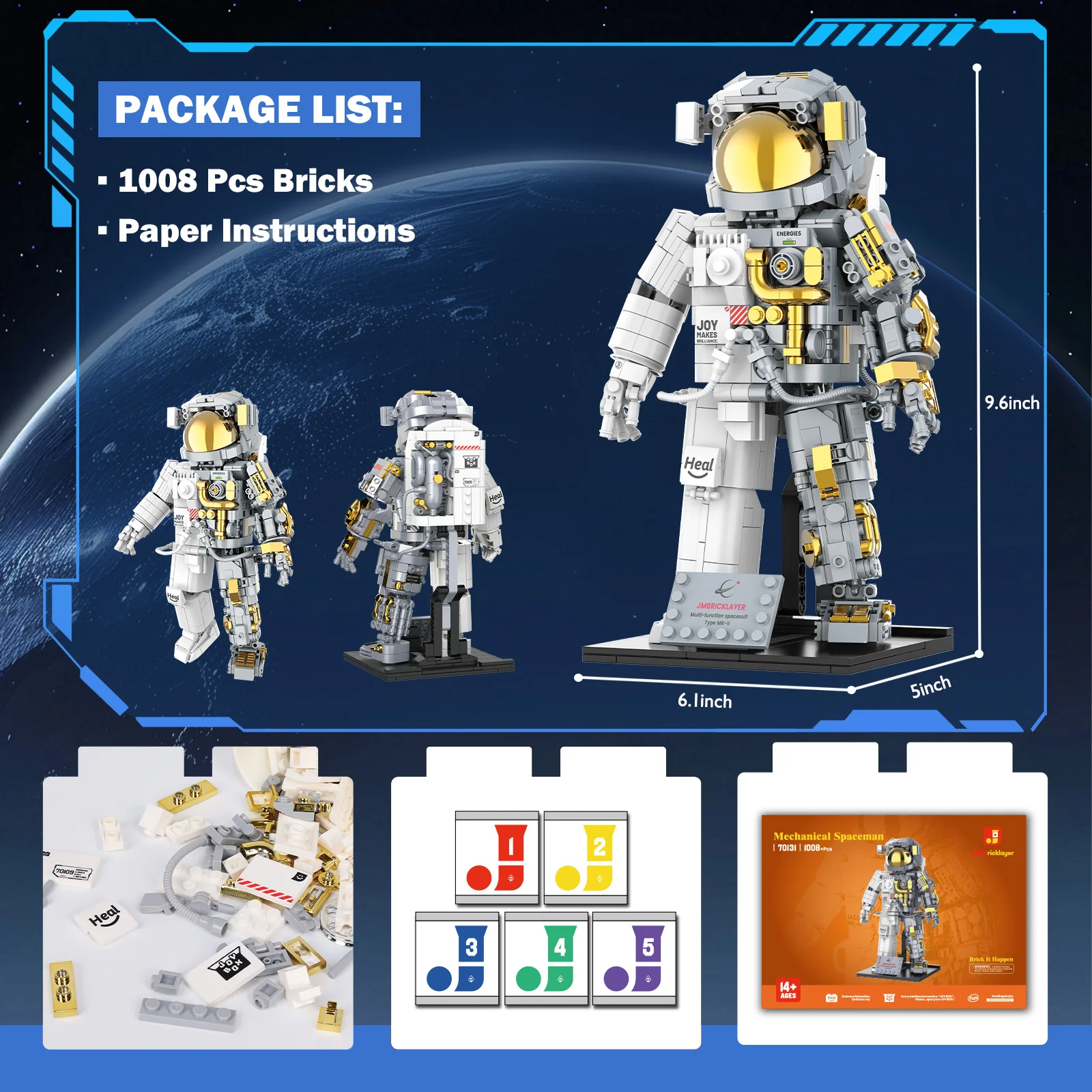 JMBricklayer 1008PCS Space Astronaut Building Blocks Set Spaceman Figure Model Kit with Display Stand Gold Visor Articulated Joints STEM Science Toy Space Exploration Home Office Decor Gift for Adults Teens Birthday