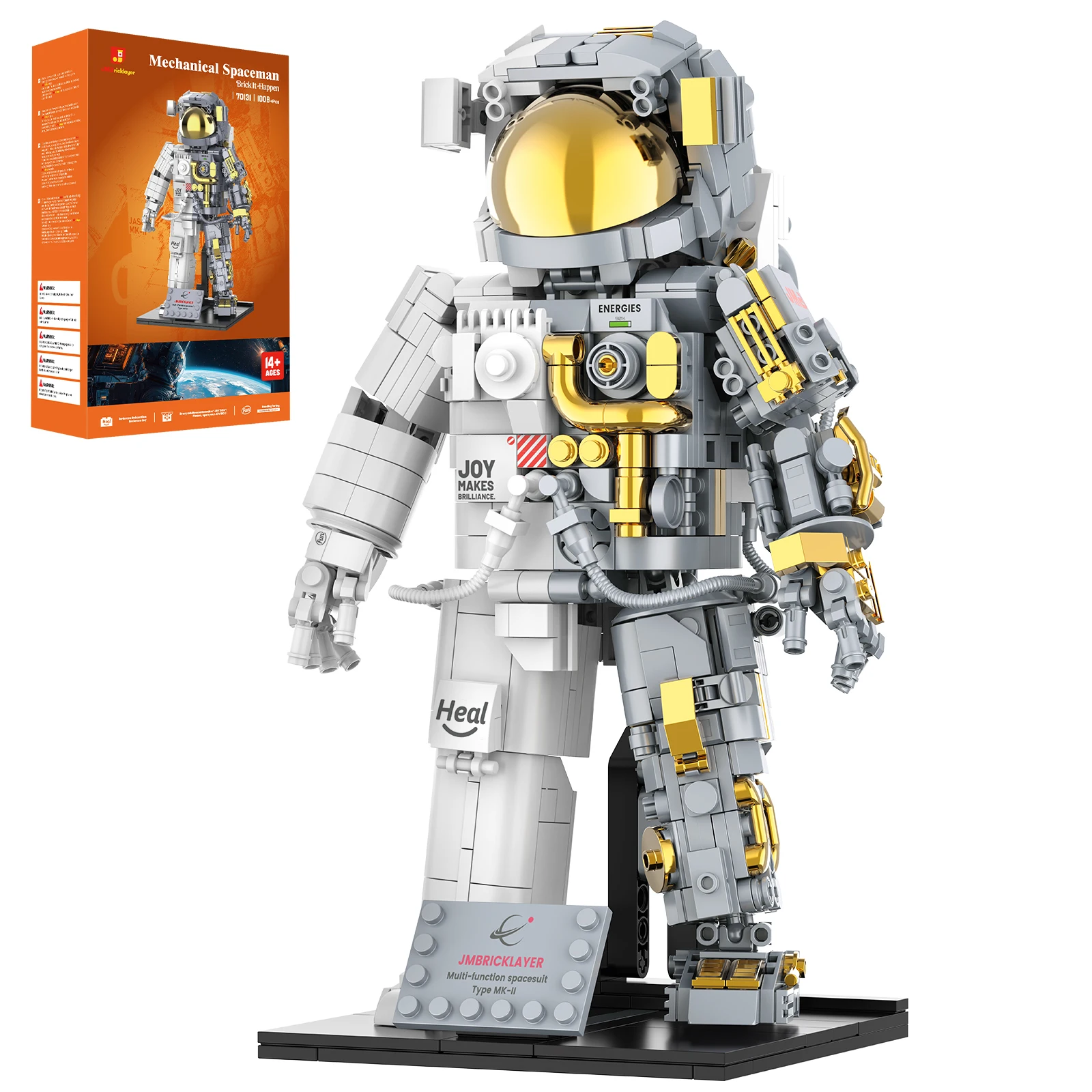 JMBricklayer 1008PCS Space Astronaut Building Blocks Set Spaceman Figure Model Kit with Display Stand Gold Visor Articulated Joints STEM Science Toy Space Exploration Home Office Decor Gift for Adults Teens Birthday