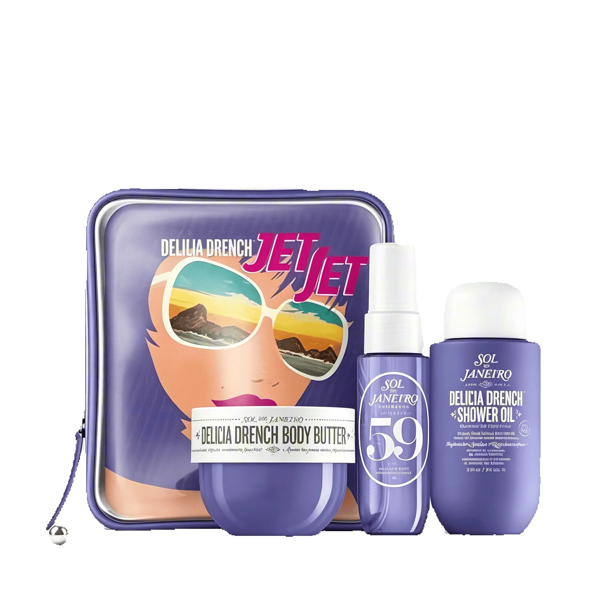 Sol de Janeiro Delicia Drench Jet Set Travel Perfume Gift Set For Women Cheirosa 59 Juicy Passion Fruit Vanilla Soft Gourmand Scent Portable Mini Body Perfume Deep Moisturizing Body Butter Cleansing Shower Oil Complete Purple Vintage Storage Bag Perfect T