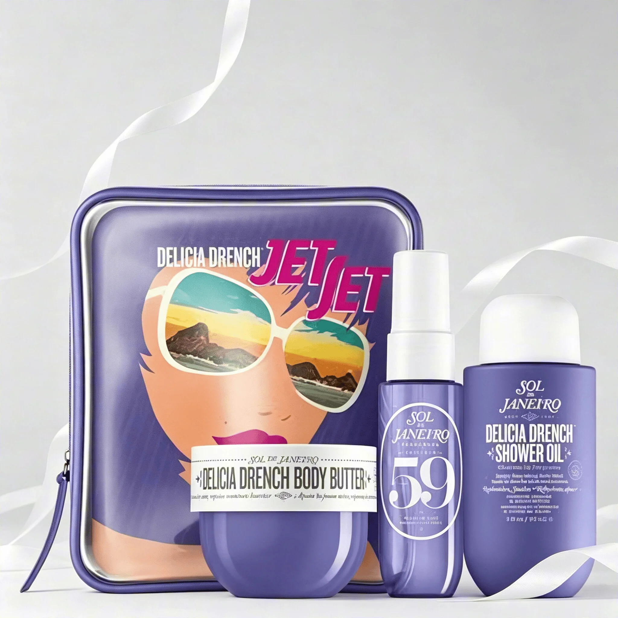 Sol de Janeiro Delicia Drench Jet Set Travel Perfume Gift Set For Women Cheirosa 59 Juicy Passion Fruit Vanilla Soft Gourmand Scent Portable Mini Body Perfume Deep Moisturizing Body Butter Cleansing Shower Oil Complete Purple Vintage Storage Bag Perfect T