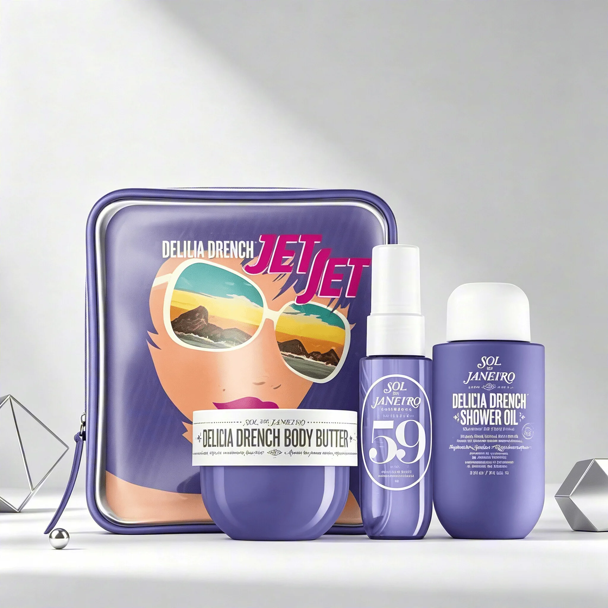 Sol de Janeiro Delicia Drench Jet Set Travel Perfume Gift Set For Women Cheirosa 59 Juicy Passion Fruit Vanilla Soft Gourmand Scent Portable Mini Body Perfume Deep Moisturizing Body Butter Cleansing Shower Oil Complete Purple Vintage Storage Bag Perfect T