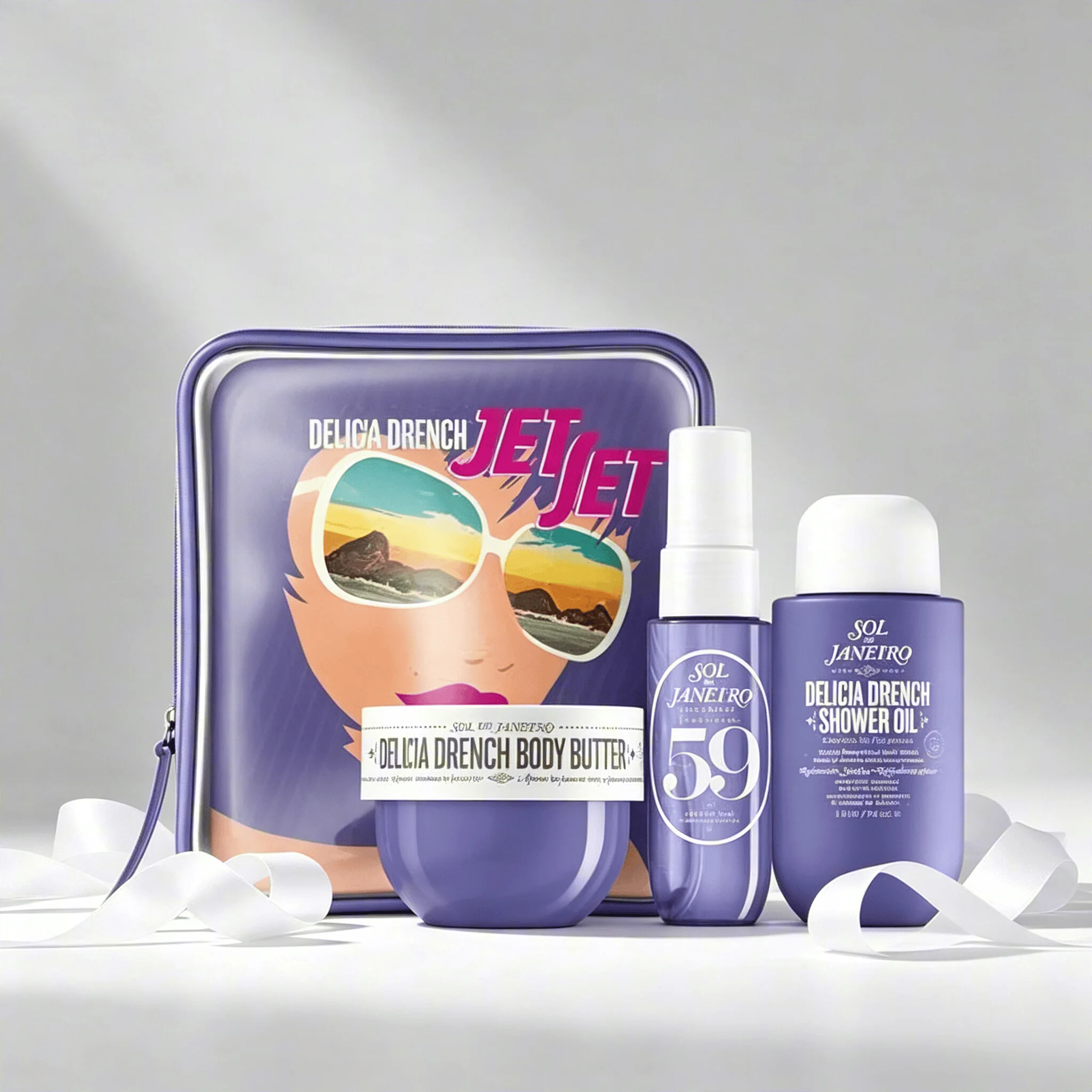Sol de Janeiro Delicia Drench Jet Set Travel Perfume Gift Set For Women Cheirosa 59 Juicy Passion Fruit Vanilla Soft Gourmand Scent Portable Mini Body Perfume Deep Moisturizing Body Butter Cleansing Shower Oil Complete Purple Vintage Storage Bag Perfect T