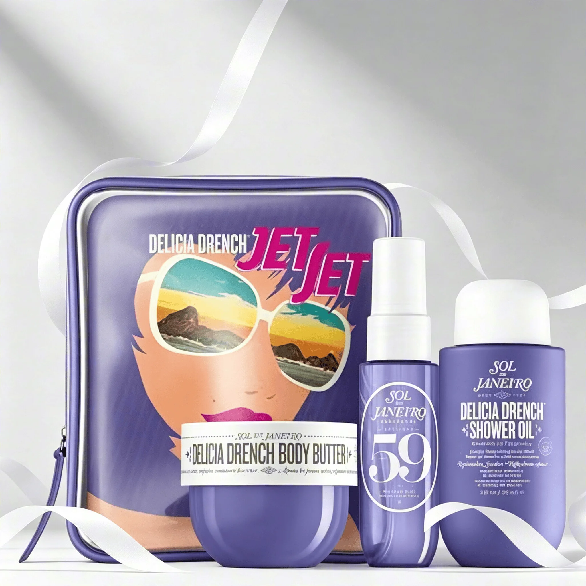 Sol de Janeiro Delicia Drench Jet Set Travel Perfume Gift Set For Women Cheirosa 59 Juicy Passion Fruit Vanilla Soft Gourmand Scent Portable Mini Body Perfume Deep Moisturizing Body Butter Cleansing Shower Oil Complete Purple Vintage Storage Bag Perfect T