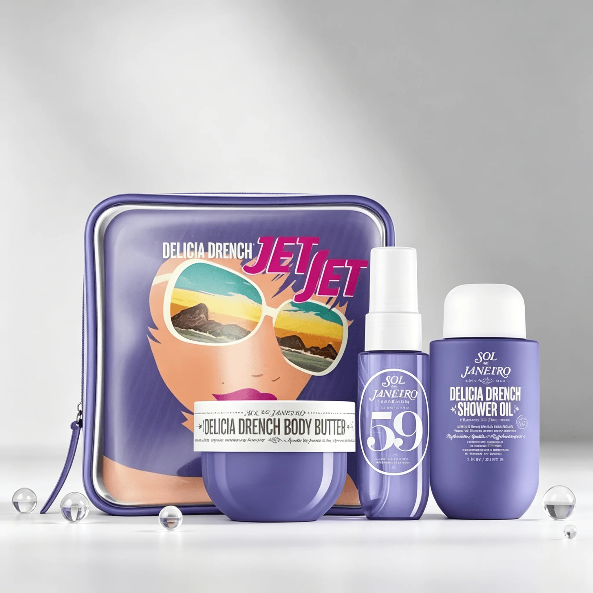Sol de Janeiro Delicia Drench Jet Set Travel Perfume Gift Set For Women Cheirosa 59 Juicy Passion Fruit Vanilla Soft Gourmand Scent Portable Mini Body Perfume Deep Moisturizing Body Butter Cleansing Shower Oil Complete Purple Vintage Storage Bag Perfect T