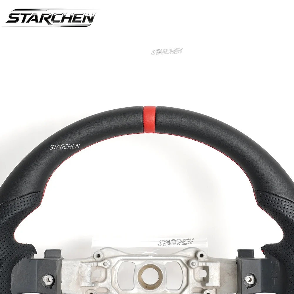 Full Leather Sport Steering Wheel for Dodge Charger Challenger Durango 2011-2014,Hand-Sewn Perforated Design with Red Top Stripe(Non-heated)