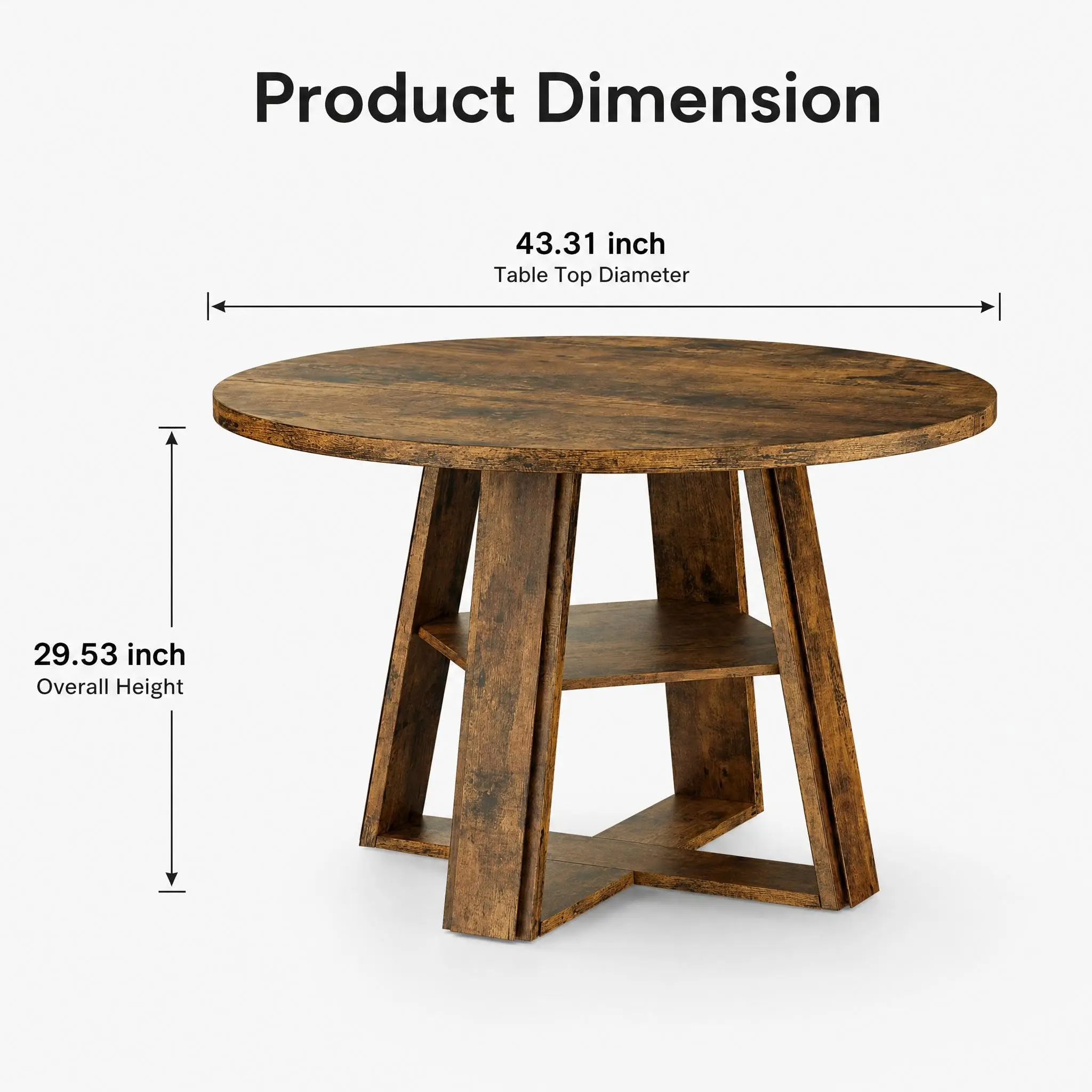 Modern Farmhouse 43'' Round Dining Table with Sturdy Wooden Pedestal, Extra Storage Shelf, Space-Saving for Kitchen & Dining Room, Seats 2-4,(Only table)