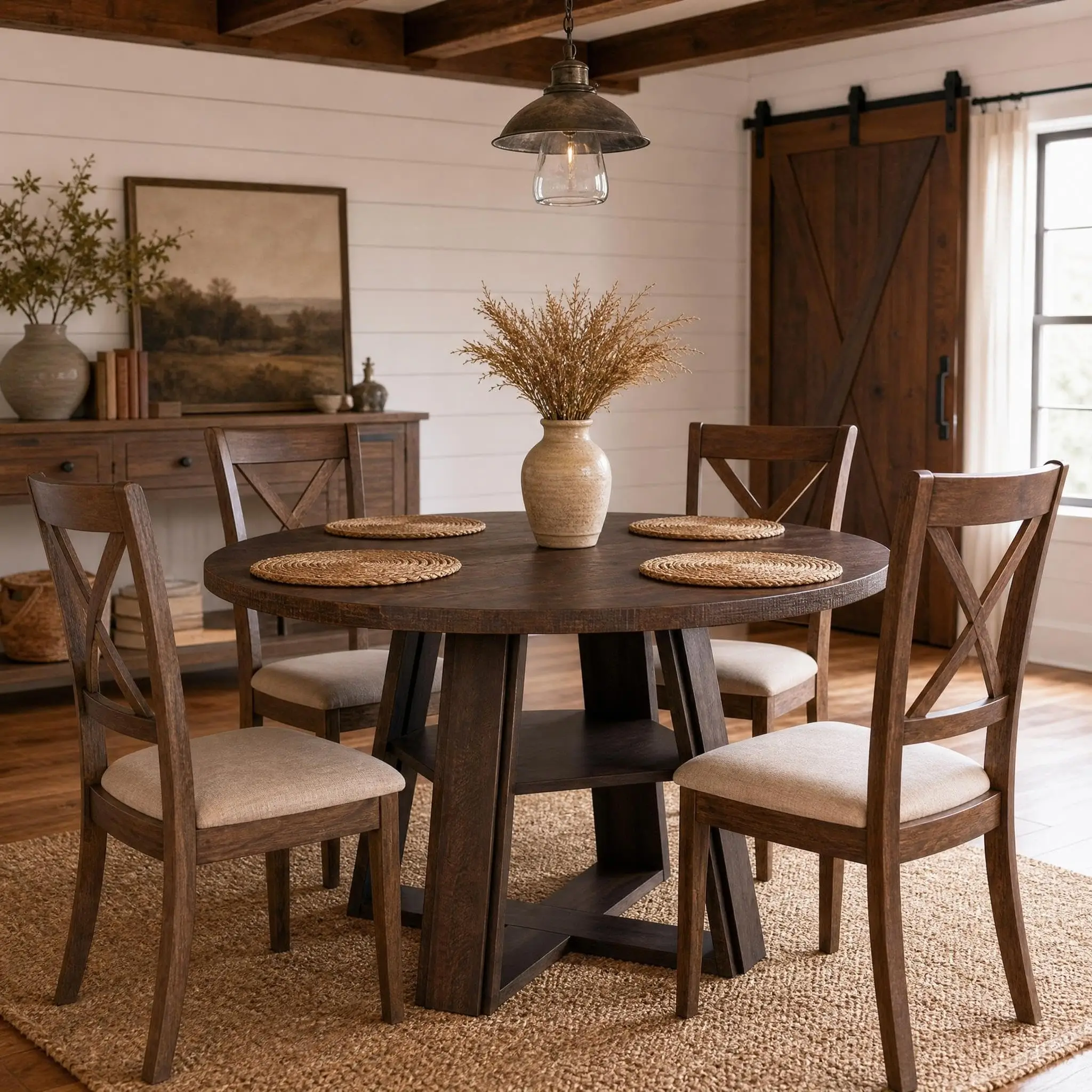 Modern Farmhouse 43'' Round Dining Table with Sturdy Wooden Pedestal, Extra Storage Shelf, Space-Saving for Kitchen & Dining Room, Seats 2-4,(Only table)