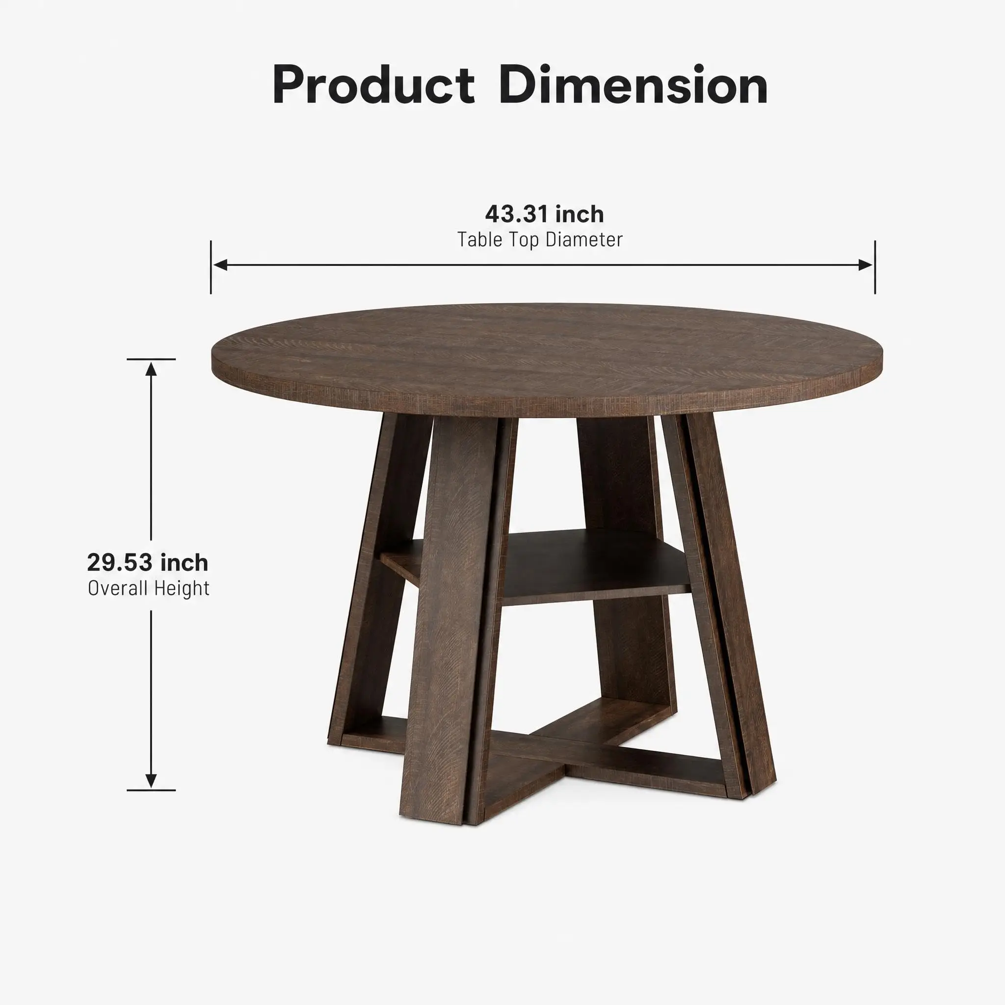 Modern Farmhouse 43'' Round Dining Table with Sturdy Wooden Pedestal, Extra Storage Shelf, Space-Saving for Kitchen & Dining Room, Seats 2-4,(Only table)