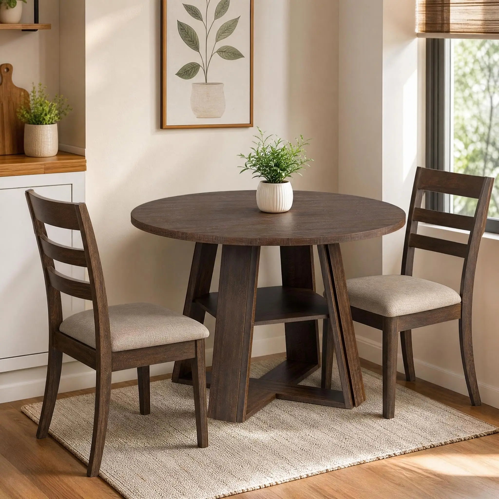 Modern Farmhouse 43'' Round Dining Table with Sturdy Wooden Pedestal, Extra Storage Shelf, Space-Saving for Kitchen & Dining Room, Seats 2-4,(Only table)