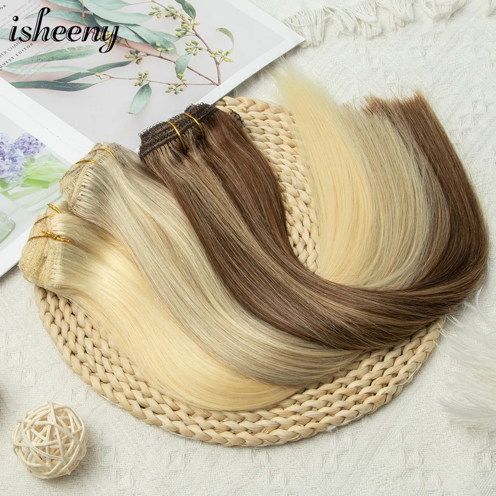 12“-24" Clip Hair Extension Human Hairpiece Nature Straight Machine Remy Hair Full Head 7pcs/set 100g-120g Hair Easy To Wear