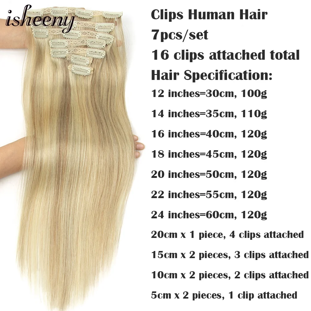 12“-24" Clip Hair Extension Human Hairpiece Nature Straight Machine Remy Hair Full Head 7pcs/set 100g-120g Hair Easy To Wear