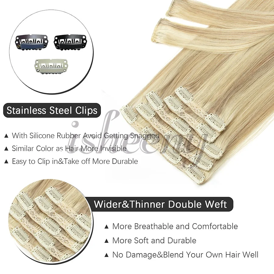 12“-24" Clip Hair Extension Human Hairpiece Nature Straight Machine Remy Hair Full Head 7pcs/set 100g-120g Hair Easy To Wear