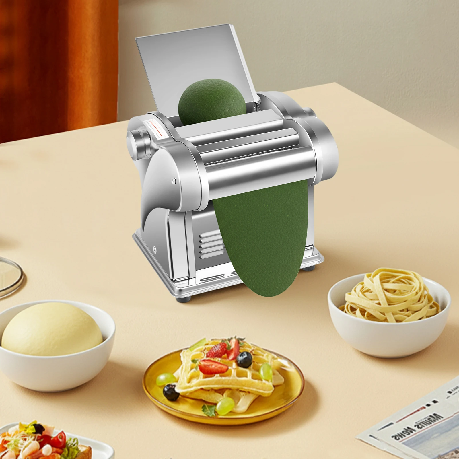 110V Stainless Steel Electric Noodle Maker Machine, 135W Dual Blades 6 Thickness Settings Automatic Pasta Dough Roller Machine