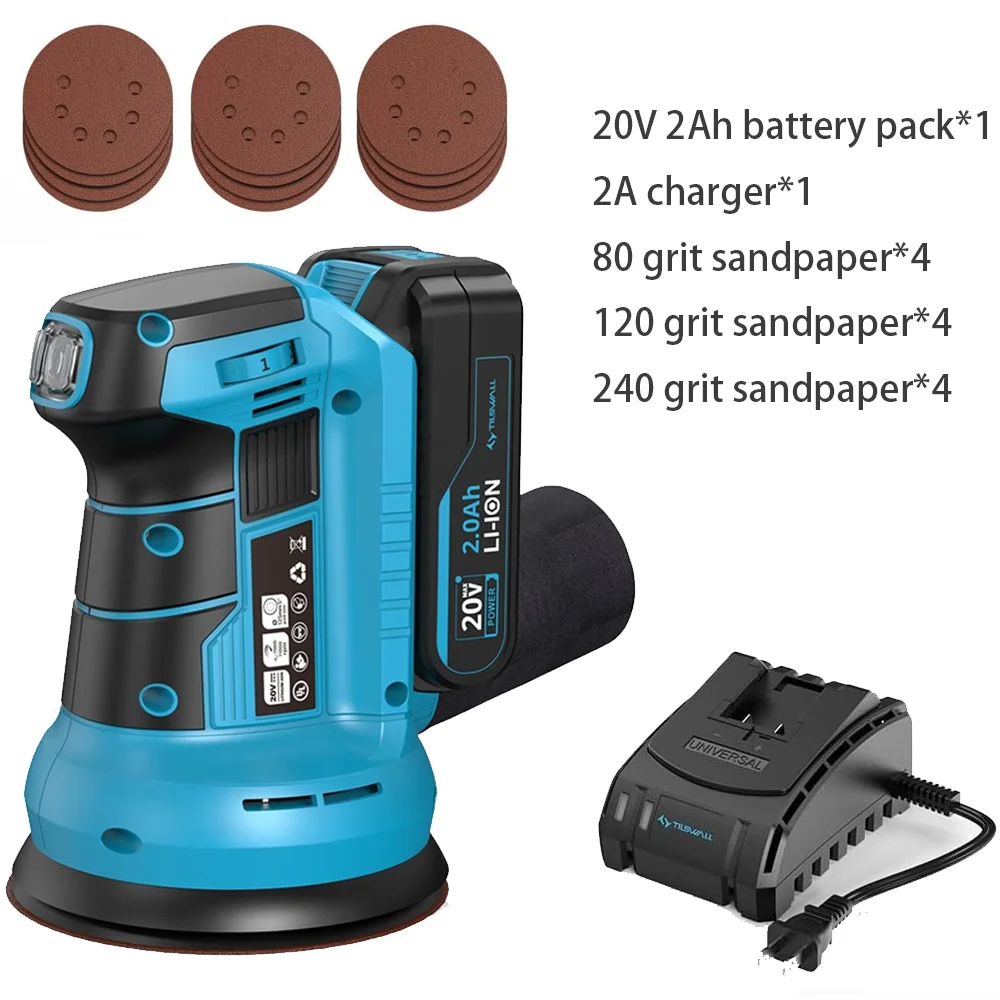 20V Cordless Orbital Sander 5'' Electric Palm Sander With Variable Speed 7000-11000 OPM Random Orbit Sander With Vacuum Dust Collector 2000mAh Battery & Fast Charger 12Pcs Sanding Discs For Woodworking Furniture (Blue)