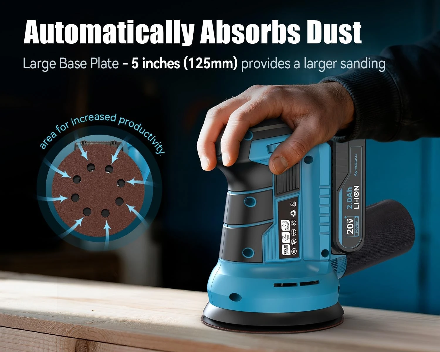 20V Cordless Orbital Sander 5'' Electric Palm Sander With Variable Speed 7000-11000 OPM Random Orbit Sander With Vacuum Dust Collector 2000mAh Battery & Fast Charger 12Pcs Sanding Discs For Woodworking Furniture (Blue)