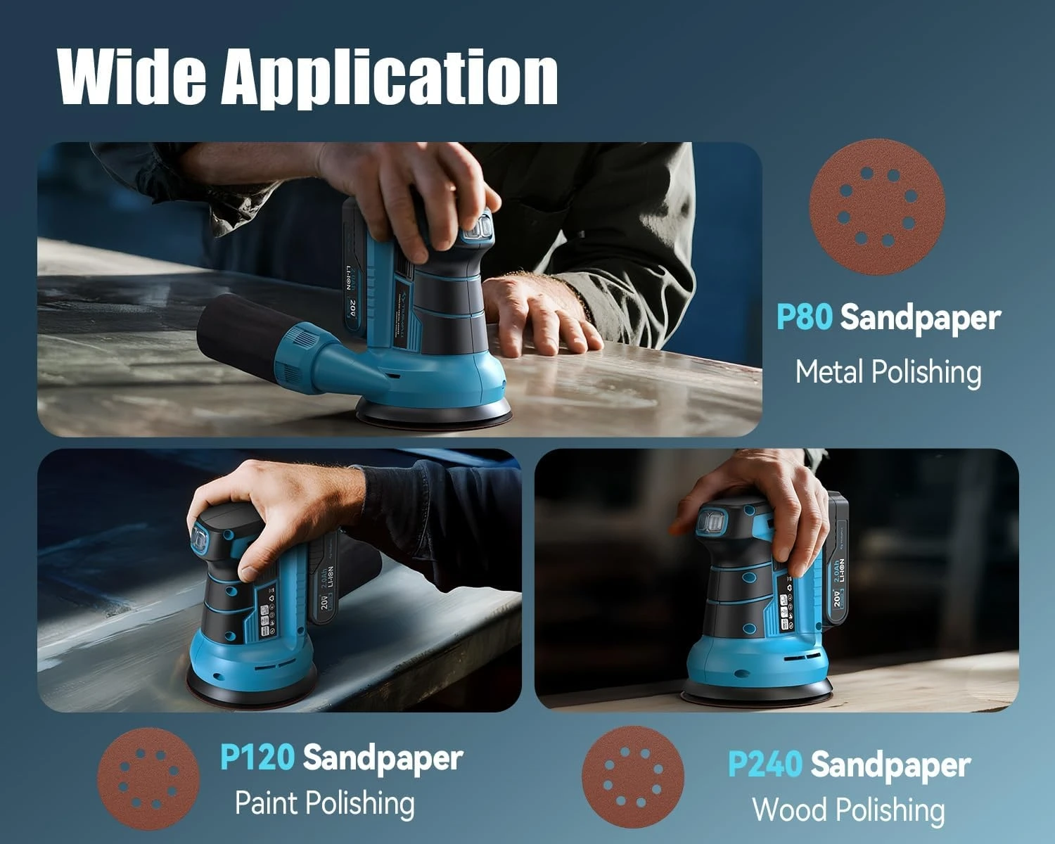20V Cordless Orbital Sander 5'' Electric Palm Sander With Variable Speed 7000-11000 OPM Random Orbit Sander With Vacuum Dust Collector 2000mAh Battery & Fast Charger 12Pcs Sanding Discs For Woodworking Furniture (Blue)