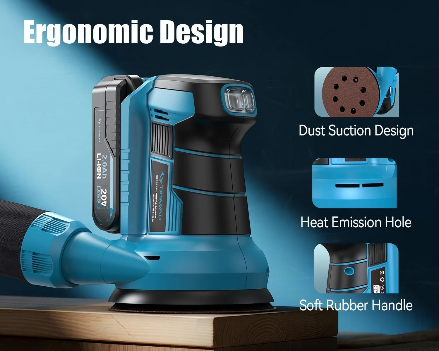 20V Cordless Orbital Sander 5'' Electric Palm Sander With Variable Speed 7000-11000 OPM Random Orbit Sander With Vacuum Dust Collector 2000mAh Battery & Fast Charger 12Pcs Sanding Discs For Woodworking Furniture (Blue)