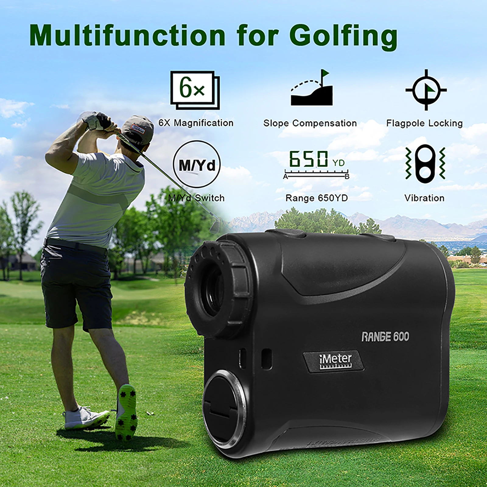 IMeter 656Y Golf Laser Range Finder with Slope Adjustment Flag Lock Vibration Angle Meter for Hunting White