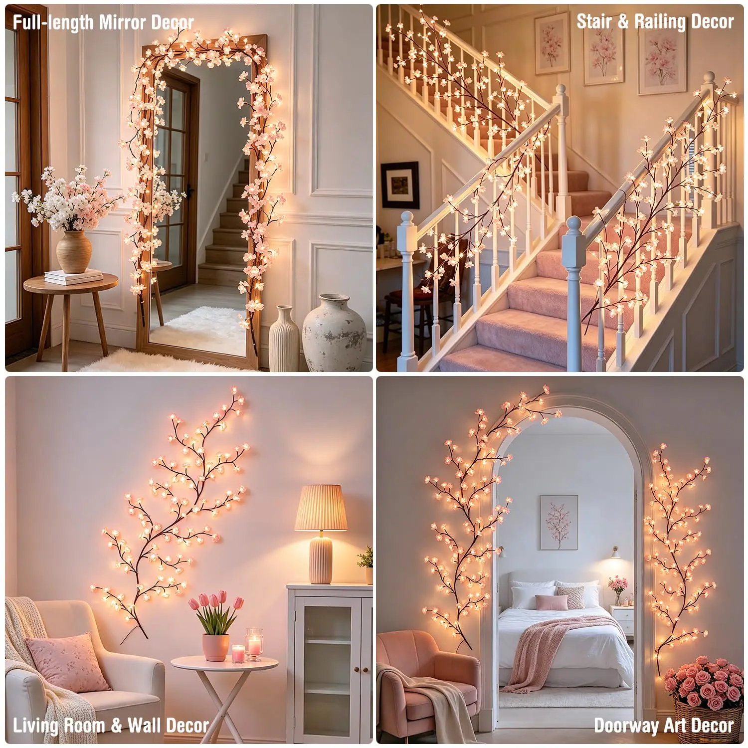 Cherry Willow Vine Lights for Kawaii Room Decor, 72LEDS Pink Cherry Blossom Tree Branch Lights for Wall, Remote Timer, 8 Modes, Bedroom Doors Wedding Christmas Decor, USB