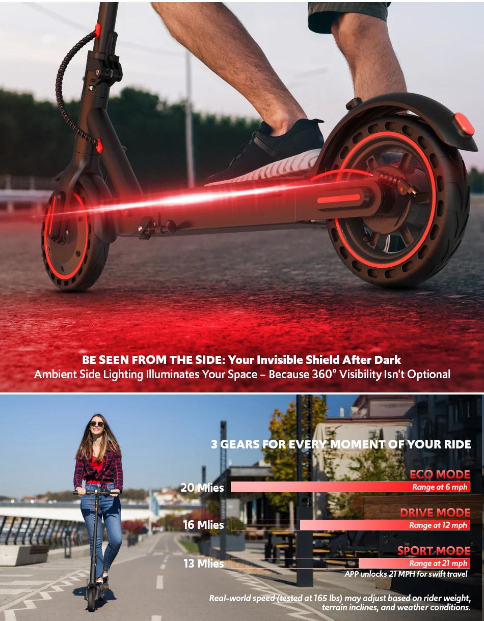 Electric Scooters for Adults, Max 19 Miles and 19 MPH 350W Foldable E Scooter with Side Light & APP