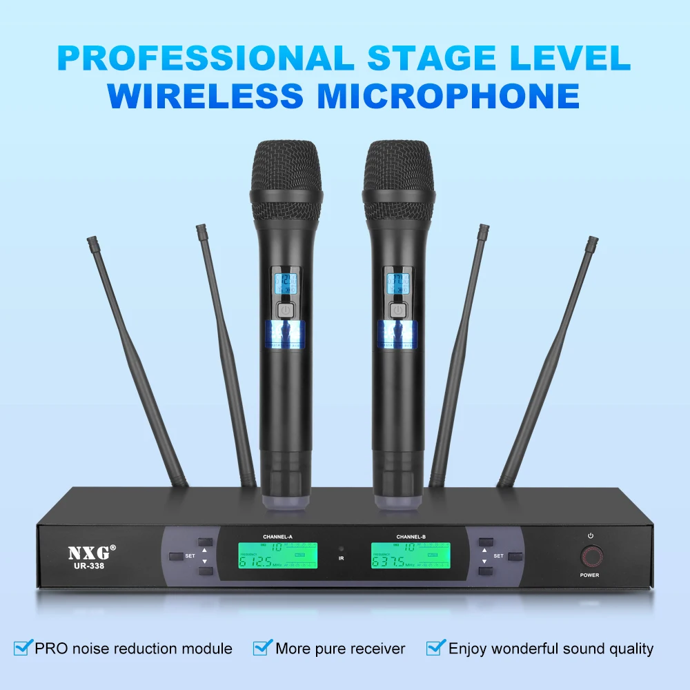 NXG UR-338 Dual Channel UHF Wireless Handheld Microphone System, Dual Independent Digital LCD Display, Intelligent Noise Reduction Dynamic Mic Core, Zero Latency Clear Hi-Fi Sound, Stable Long-Range Transmission, Plug and Play Set for Home KTV