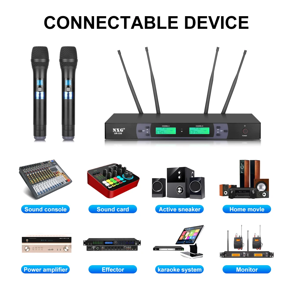 NXG UR-338 Dual Channel UHF Wireless Handheld Microphone System, Dual Independent Digital LCD Display, Intelligent Noise Reduction Dynamic Mic Core, Zero Latency Clear Hi-Fi Sound, Stable Long-Range Transmission, Plug and Play Set for Home KTV