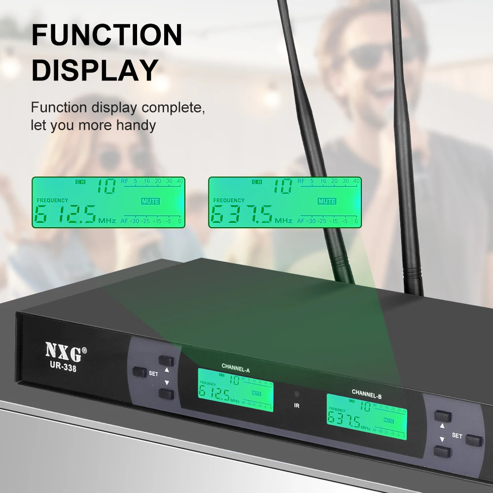 NXG UR-338 Dual Channel UHF Wireless Handheld Microphone System, Dual Independent Digital LCD Display, Intelligent Noise Reduction Dynamic Mic Core, Zero Latency Clear Hi-Fi Sound, Stable Long-Range Transmission, Plug and Play Set for Home KTV
