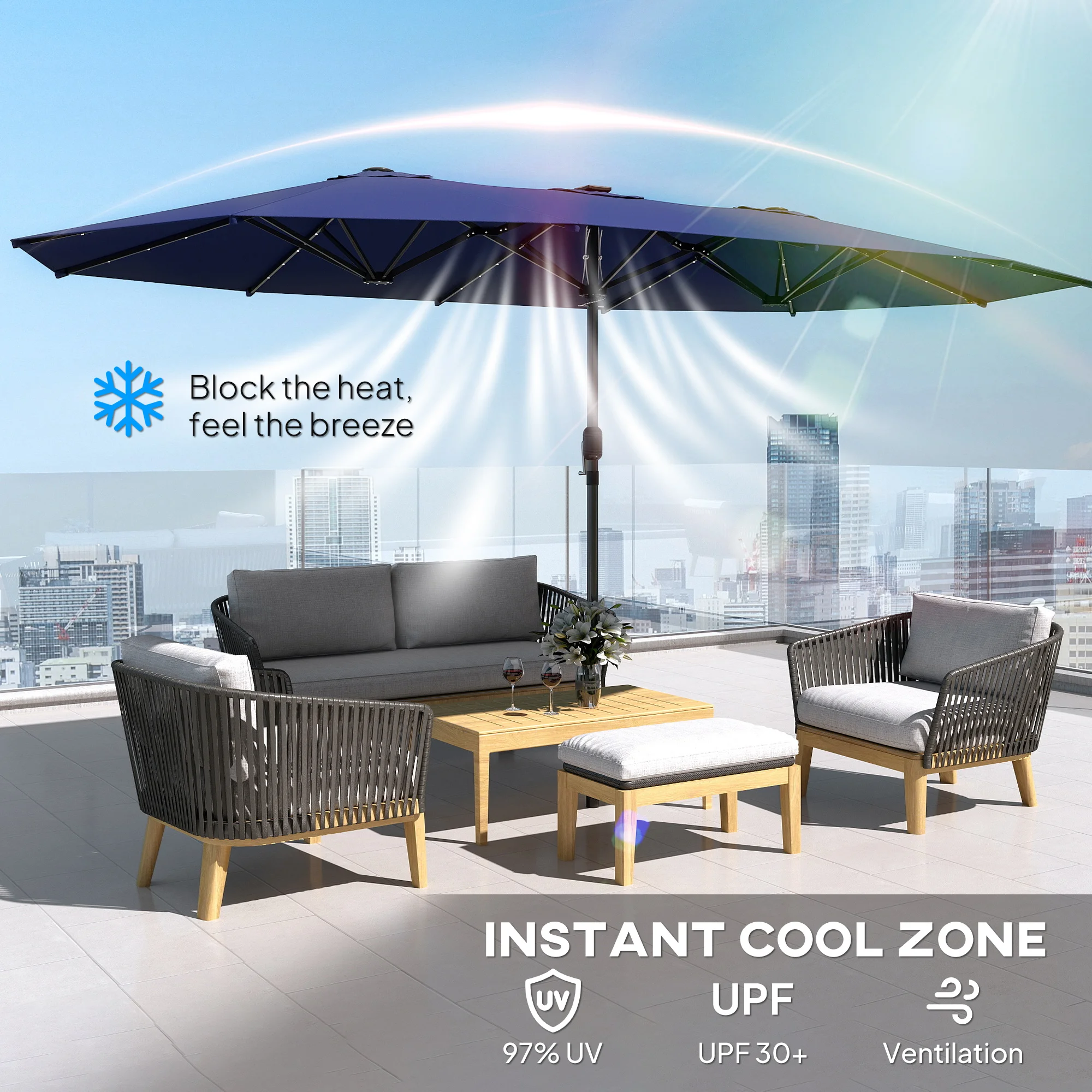 Double-Sided Sun Umbrella, Outdoor Garden Parasol, Patio Sun Shade with Led Solar Light, Navy Blue