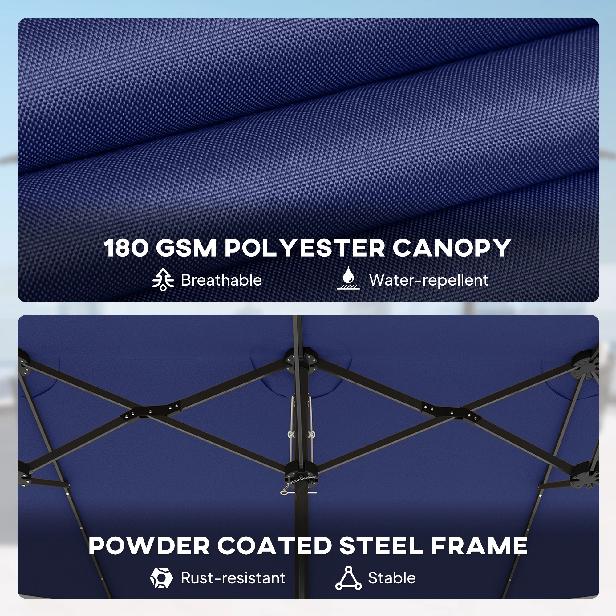 Double-Sided Sun Umbrella, Outdoor Garden Parasol, Patio Sun Shade with Led Solar Light, Navy Blue