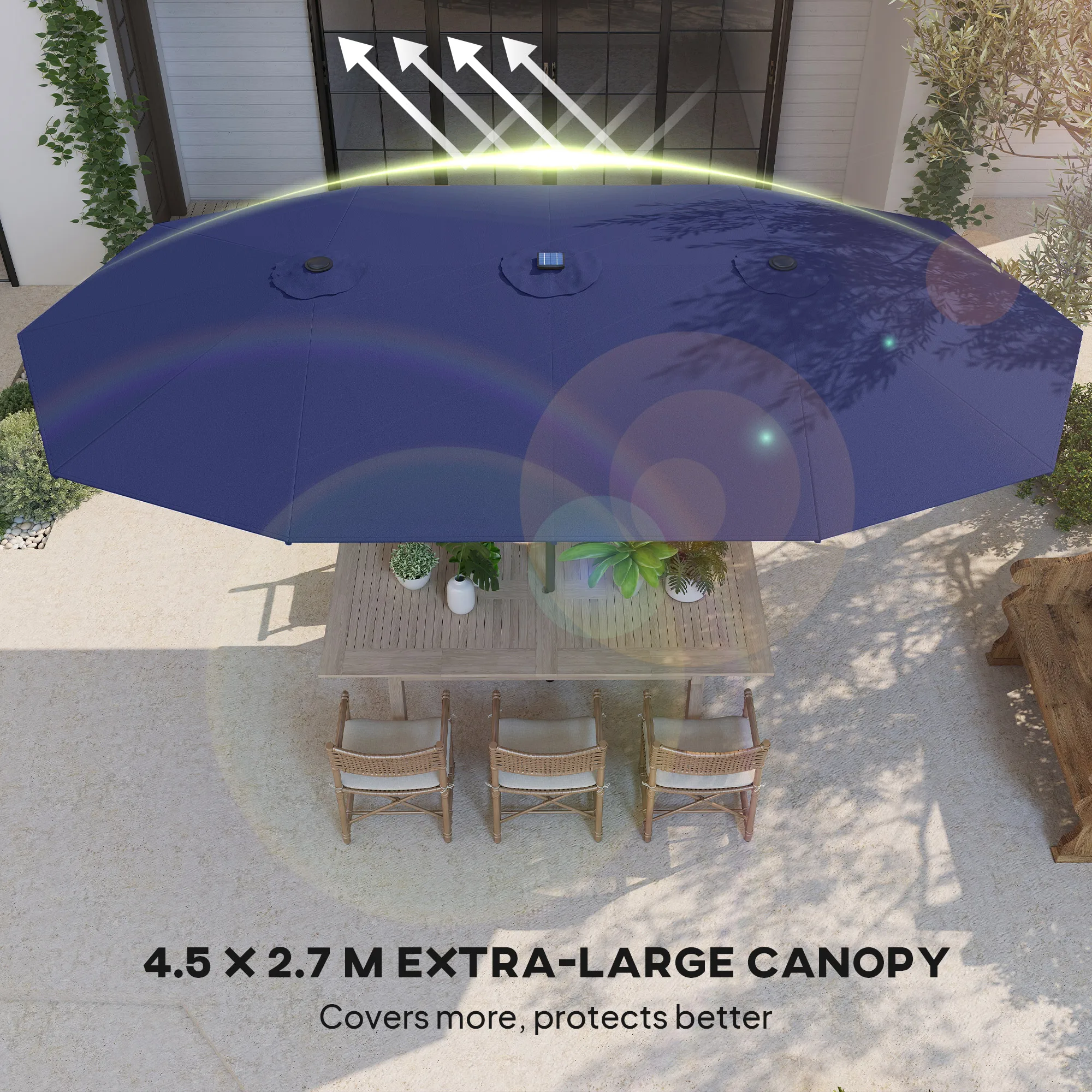 Double-Sided Sun Umbrella, Outdoor Garden Parasol, Patio Sun Shade with Led Solar Light, Navy Blue