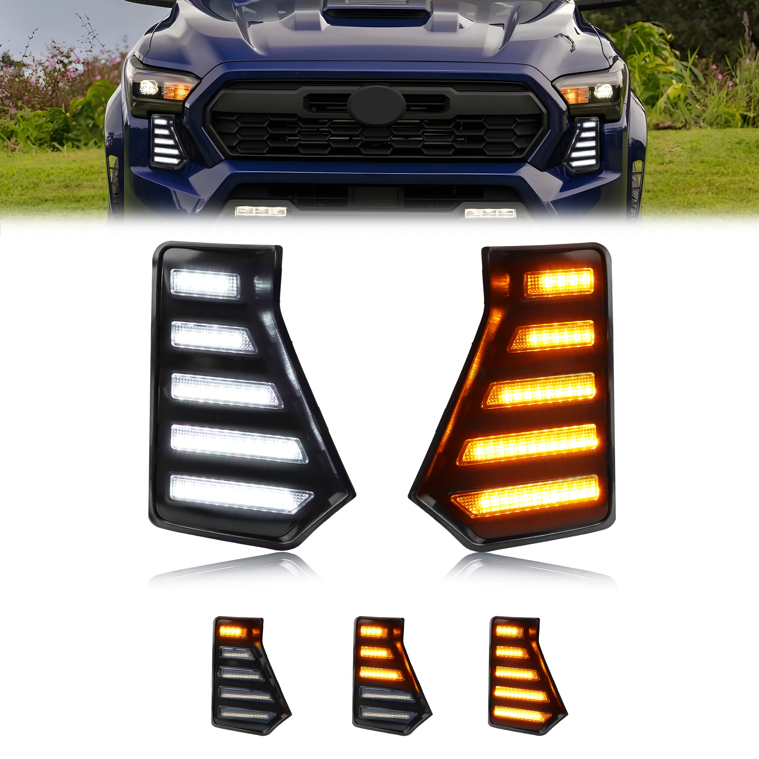 2Pcs For 2024 20025 2026 Toyota Tacoma Front Fang Fog Light Grille Parking Light DRL Light Side Turn Signal Light Switchback LED