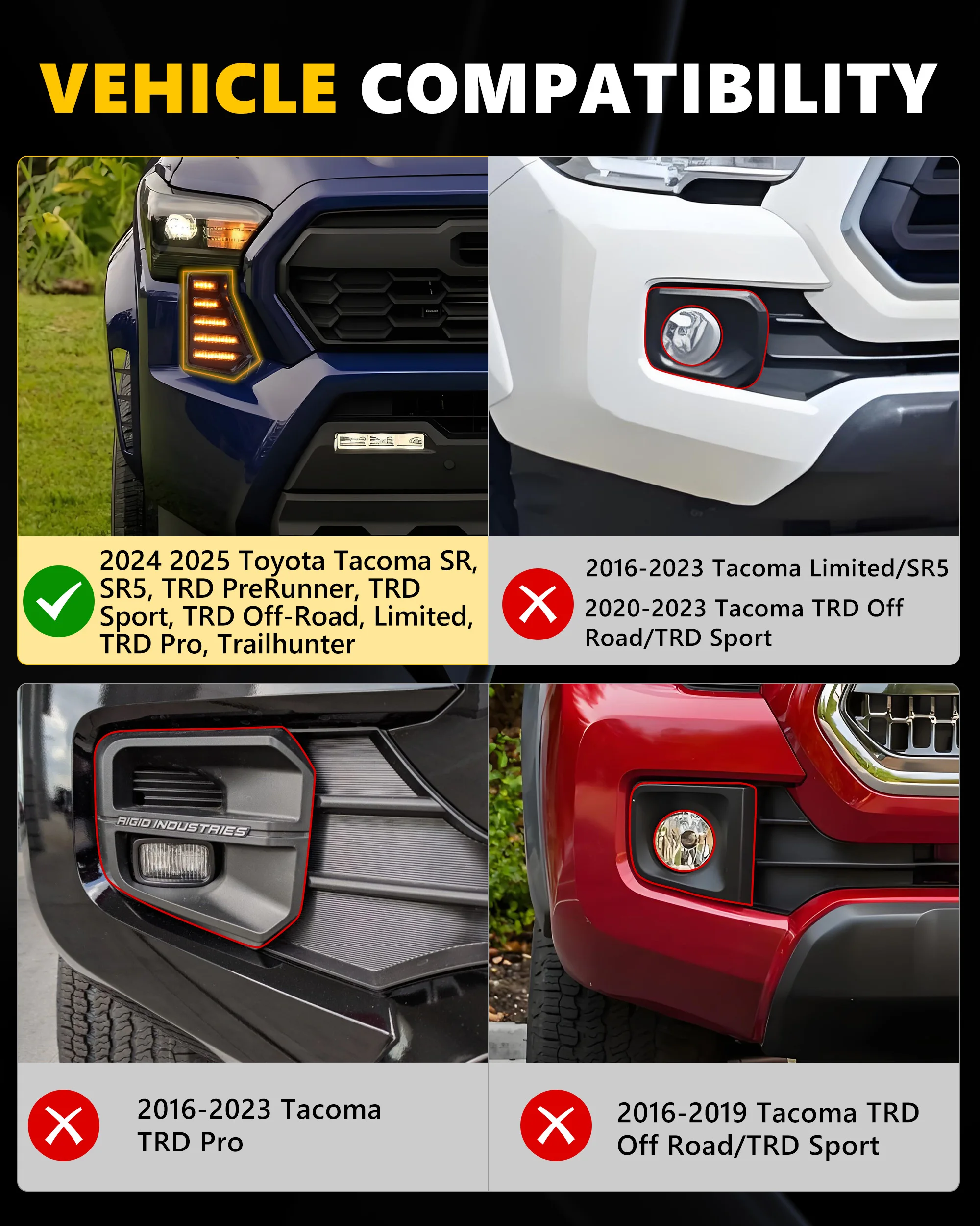 2Pcs For 2024 20025 2026 Toyota Tacoma Front Fang Fog Light Grille Parking Light DRL Light Side Turn Signal Light Switchback LED