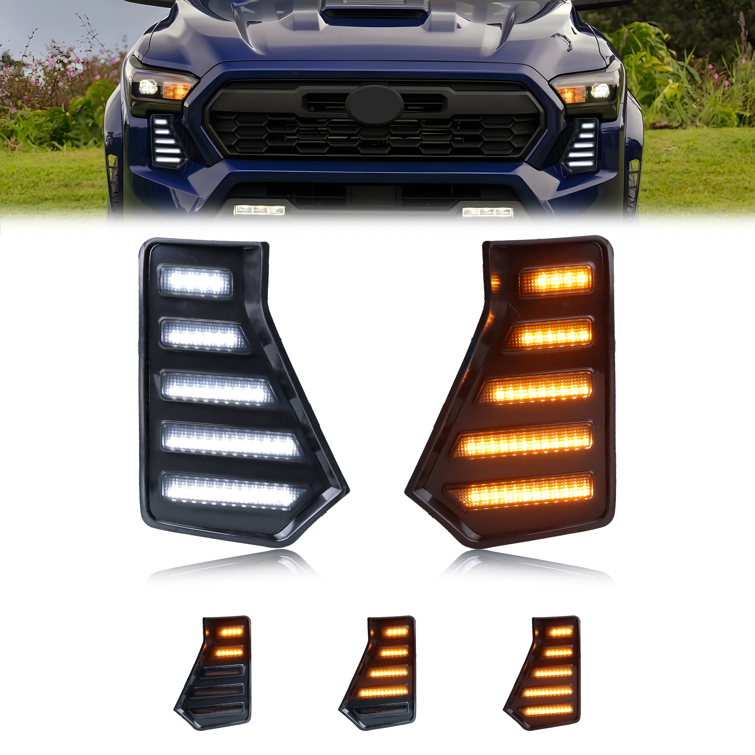 2Pcs For 2024 20025 2026 Toyota Tacoma Front Fang Fog Light Grille Parking Light DRL Light Side Turn Signal Light Switchback LED