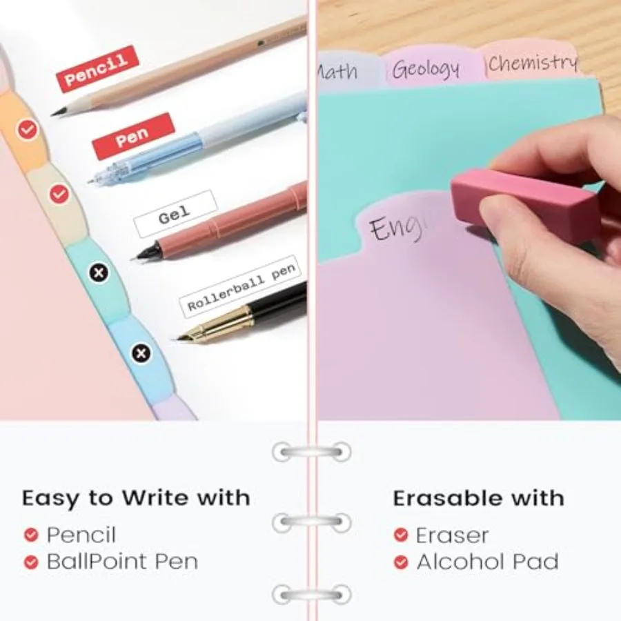 6-Tab 3 Ring Binder dividers with tabs, Durable Plastic Write and Erase Tab Dividers for 3 Ring Binder, Aesthetic Cute Binder D