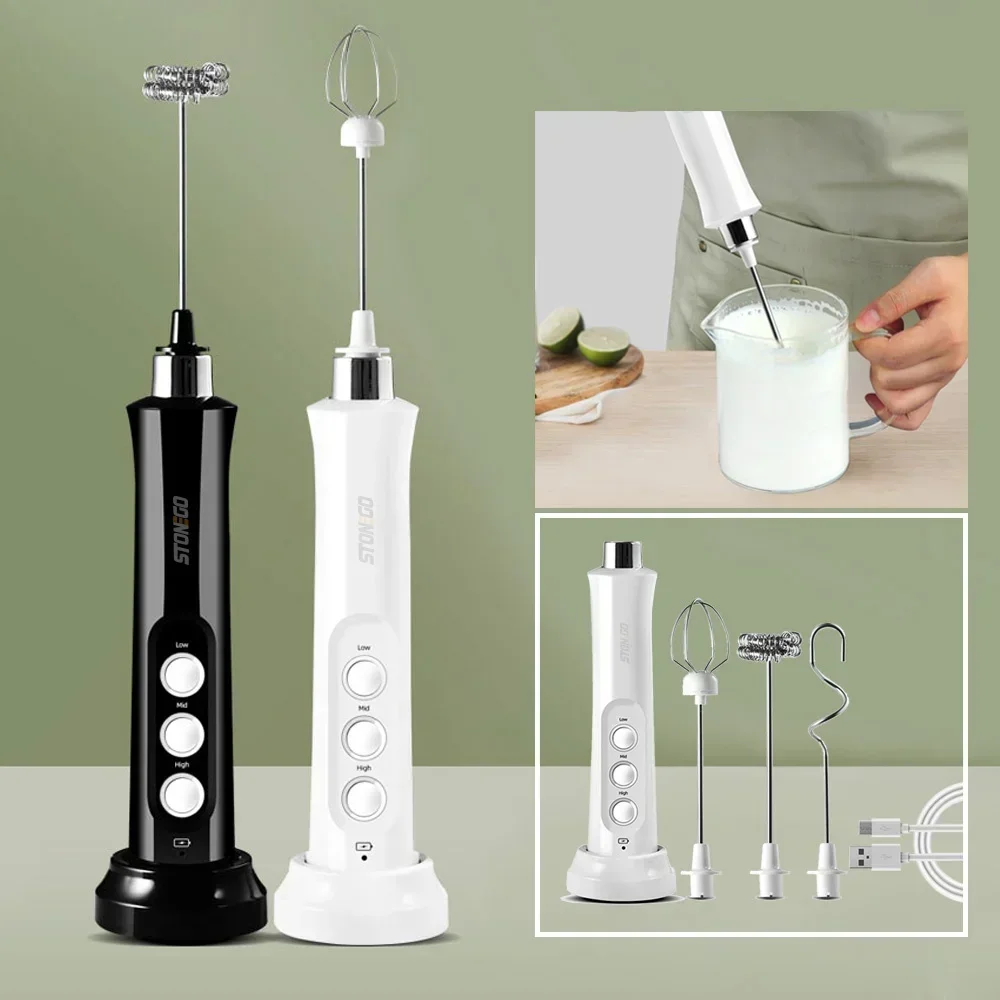 USB Rechargeable Milk Frother Mini Handheld Electric Foam Maker 3 Speed Stainless Steel Whisks for Latte Coffee Cappuccino Hot Chocolate Egg Beater Drink Mixer Blender Kitchen Gadgets Tools Portable Cordless