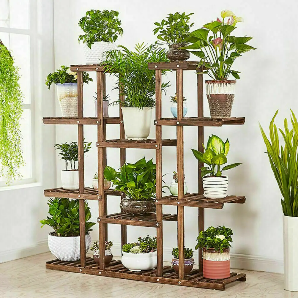 Wood Multi-Tiered Plant Stand Reinforced Flower Display Rack for Outdoor Indoor Decor